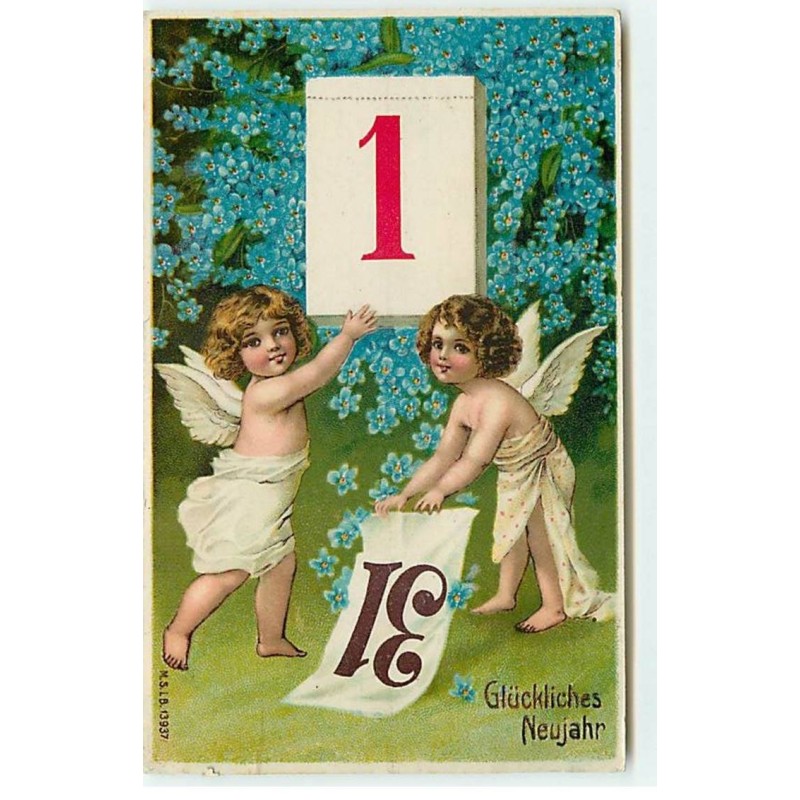 n°18578 - Glückliches Neujahr - Anges effeuillant un éphéméride