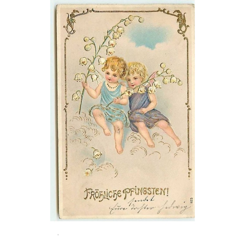 n°10000 - Carte Fantaisie Gaufrée - Fröhliche Pfingsten - Angelots et Muguet