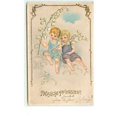 n°10000 - Carte Fantaisie Gaufrée - Fröhliche Pfingsten - Angelots et Muguet