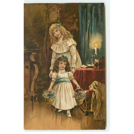 n°18583 - Deux jeunes filles dans un salon, la plus jeune portant des paniers remplis de fleurs