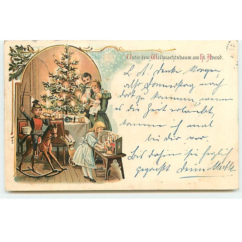n°18585 - Enfants découvrant leurs jouets près d'un sapin décoré