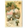 n°18589 - Fröhliche Weihnachten - Père Noël près d'une église enneigée sous des cloches