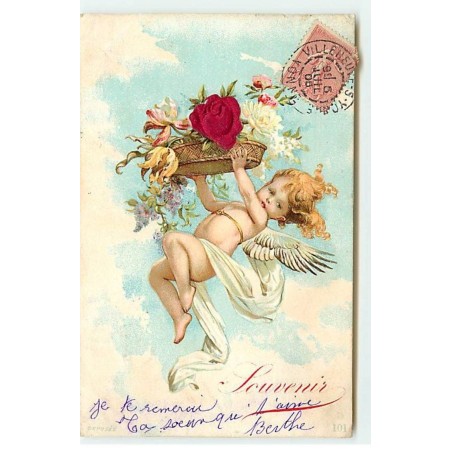 n°18596 - Carte Gaufrée - Souvenir - Ange portant une corbeille remplie de fleurs