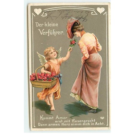 n°18600 - Carte Gaufrée - Der Kleine Verführer - Ange offrant une rose à une femme