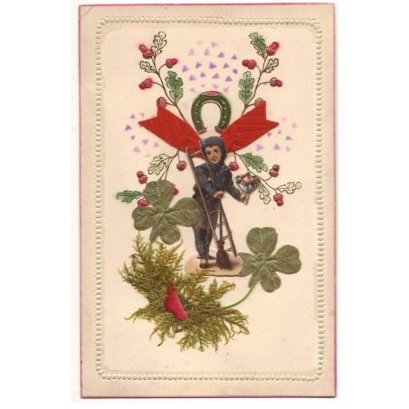 n°18602 - Carte en relief avec ajoutis - Petit ramoneur parmi des trèfles, fer à cheval