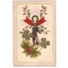 n°18602 - Carte en relief avec ajoutis - Petit ramoneur parmi des trèfles, fer à cheval