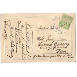 n°18602 - Carte en relief avec ajoutis - Petit ramoneur parmi des trèfles, fer à cheval