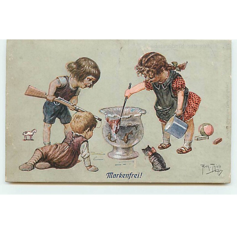 n°18604 - Arthur Thiele - Markenfrei ! - Enfants pêchant des poissons rouges dans un bocal - chat