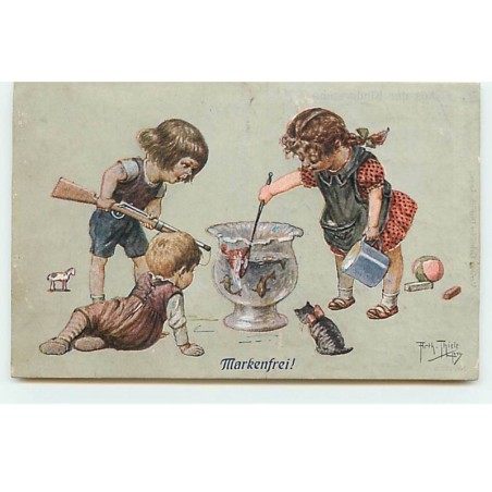n°18604 - Arthur Thiele - Markenfrei ! - Enfants pêchant des poissons rouges dans un bocal - chat