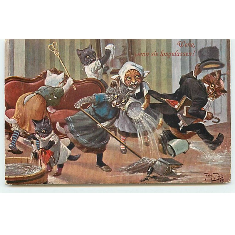 n°18606 - Arthur Thiele - Wehe weeh sie losgelassen - Chats habillés faisant le ménage