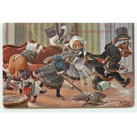 n°18606 - Arthur Thiele - Wehe weeh sie losgelassen - Chats habillés faisant le ménage