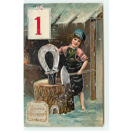 n°18622 - Carte Gaufrée - Gelukkig Nieuwjaar - Garçon forgeant un fer à cheval