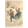 n°18627 - Carte Gaufrée - Heureuse Année - Enfants, l'un dans un petit traîneau, jouant dans la neige
