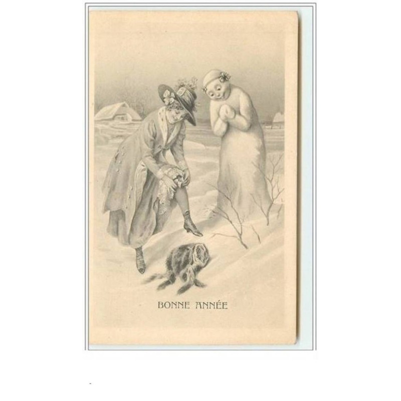 n°1863 - Bonne Année - Femme et Bonhomme de neige