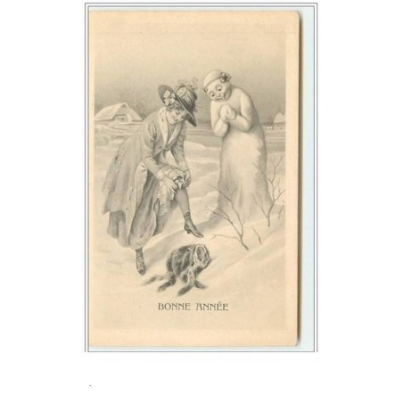 n°1863 - Bonne Année - Femme et Bonhomme de neige