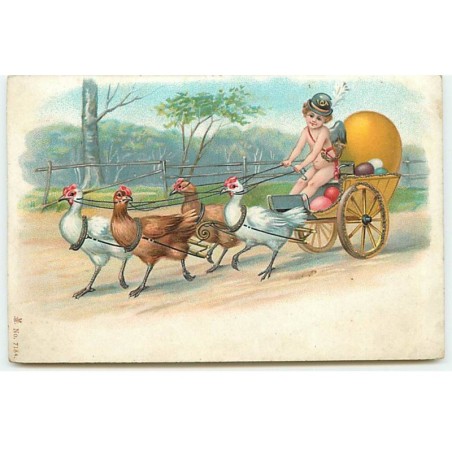 n°18632 - Pâques - Ange conduisant une charette remplie d'oeufs et tirée par des poules