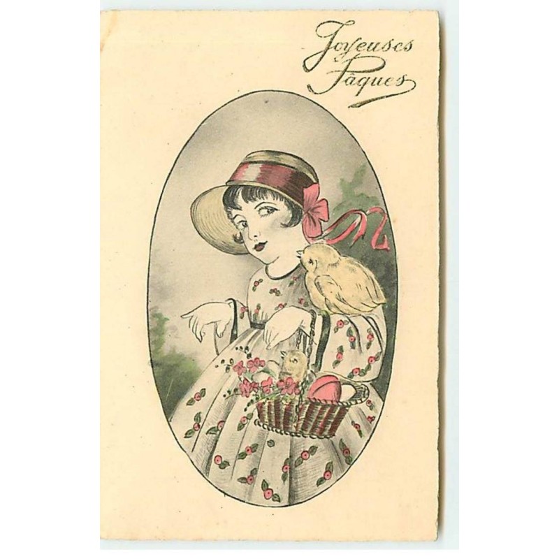 n°18633 - Joyeuses Pâques - Jeune fille portant des poussins dans un panier