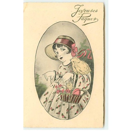 n°18633 - Joyeuses Pâques - Jeune fille portant des poussins dans un panier