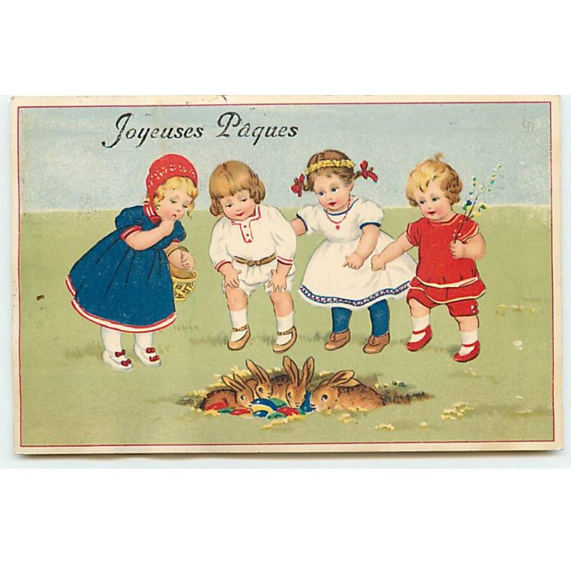 n°18634 - Joyeuses Pâques - Enfants autour de lièvres avec des oeufs