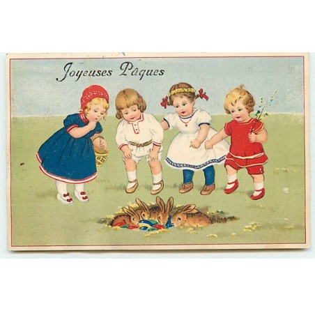 n°18634 - Joyeuses Pâques - Enfants autour de lièvres avec des oeufs