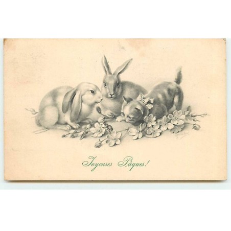 n°18635 - MM Vienne n°520 - Joyeuses Pâques - Chat avec deux lièvres