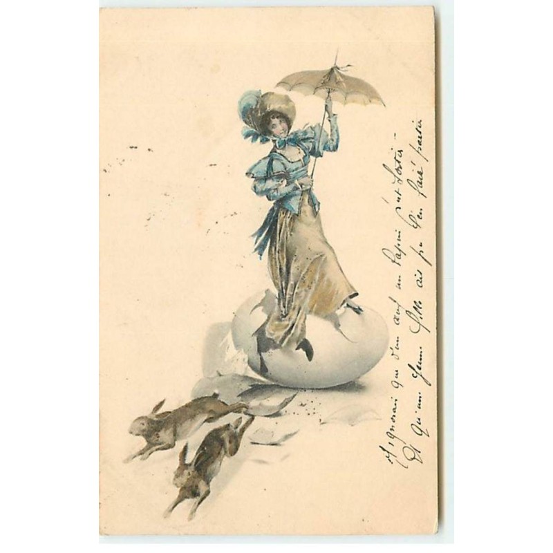 n°18637 - Pâques - Jeune femme avec une ombrelle sortant d'un oeufs, lièvres