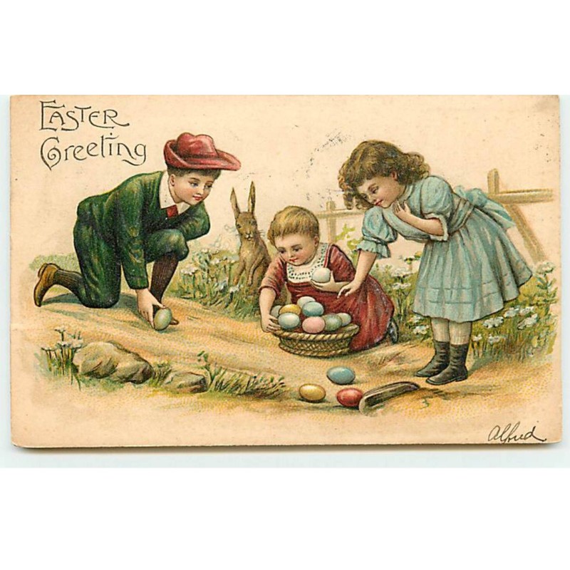 n°18638 - Carte Gaufrée - Pâques - Easter Greeting - Enfants ramassant des oeufs