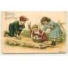 n°18638 - Carte Gaufrée - Pâques - Easter Greeting - Enfants ramassant des oeufs