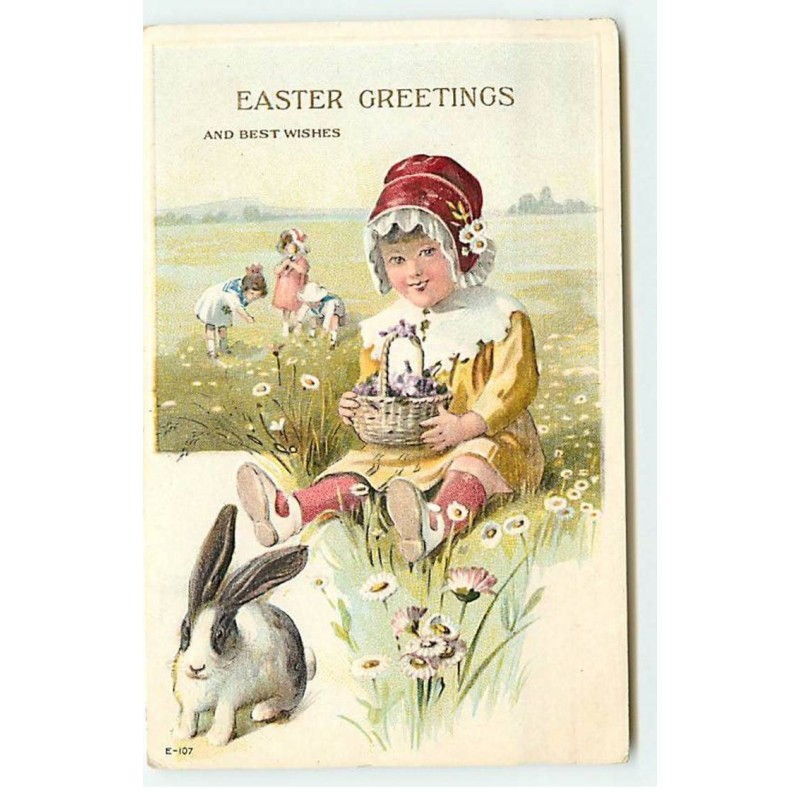 n°18639 - Carte Gaufrée - Pâques - Easter Greeting - Enfants dans un pré avec un lapin