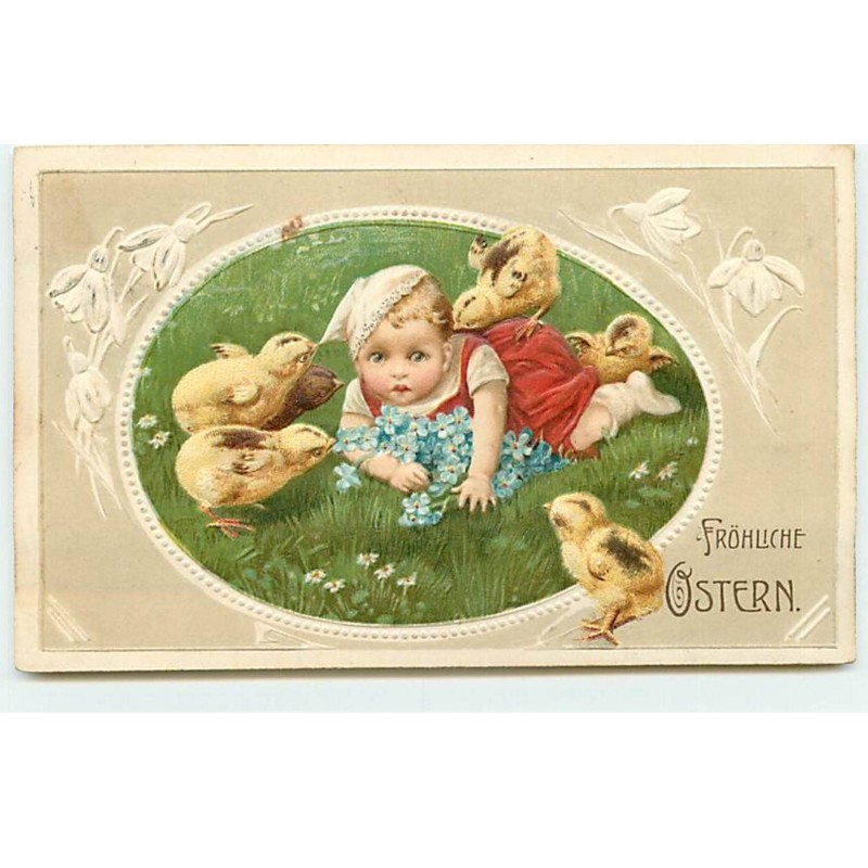 n°18640 - Carte Gaufrée - Pâques - Fröhliche Ostern - Poussins autour d'un bébé allongé dans un pré