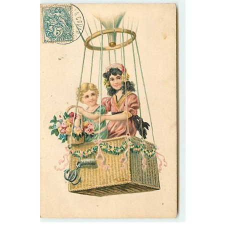 n°18643 - Carte Gaufrée - Fillettes dans une nacelle de ballon
