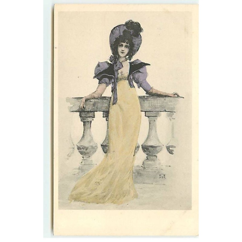 n°18655 - Jeune femme portant une robe style empire adossée à une balustrade - Style Viennoise