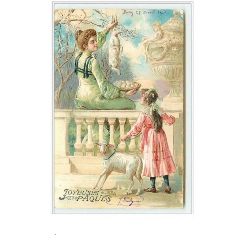 n°1866 - Carte Gaufrée - Joyeuses Pâques - Femme présentant un lapin à une fillette