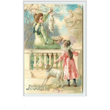 n°1866 - Carte Gaufrée - Joyeuses Pâques - Femme présentant un lapin à une fillette
