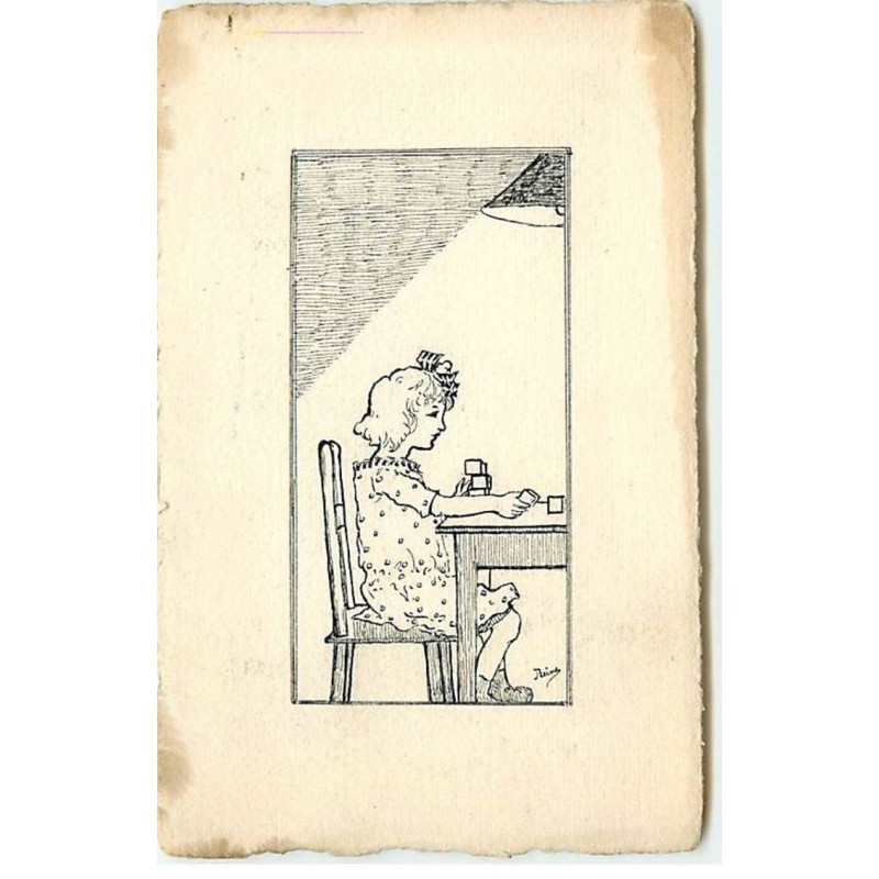 n°18666 - Reine - Fillette à une table jouant avec des cubes - Dessin