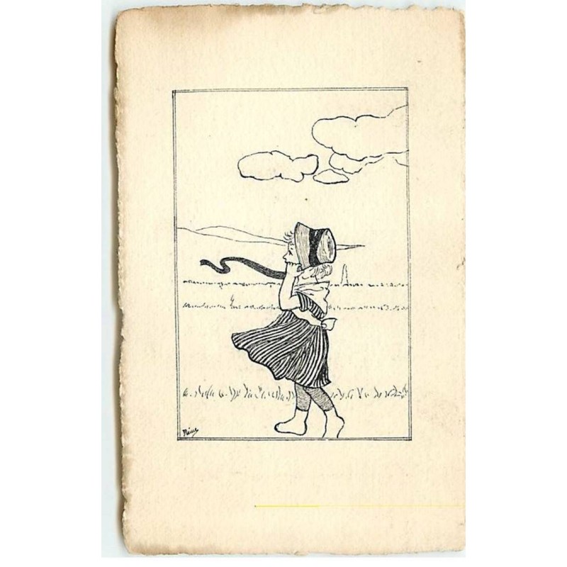 n°18667 - Reine - Fillette remettant son chapeau en se promenant - Dessin