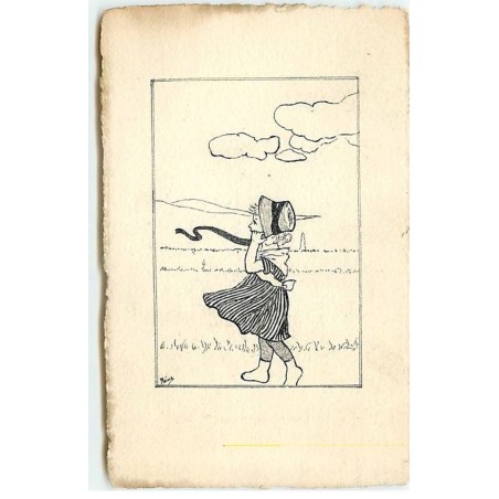 n°18667 - Reine - Fillette remettant son chapeau en se promenant - Dessin