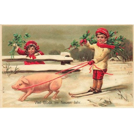 Carte Gaufrée - Nouvel An - Garçon sur des skis tiré par un cochon
