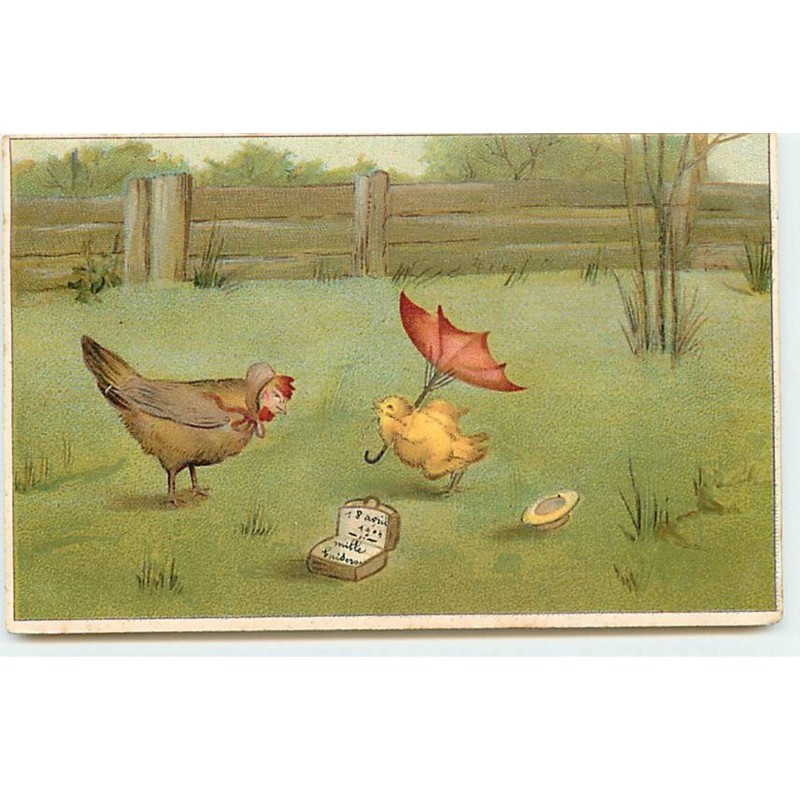 n°18669 - Une poule regardant un poussin portant un parapluie près d'une valise