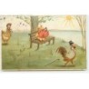 n°18670 - Une poule,et un coq habillé, passant devant un poussin assis sur un banc se cachant derrière un parapluie