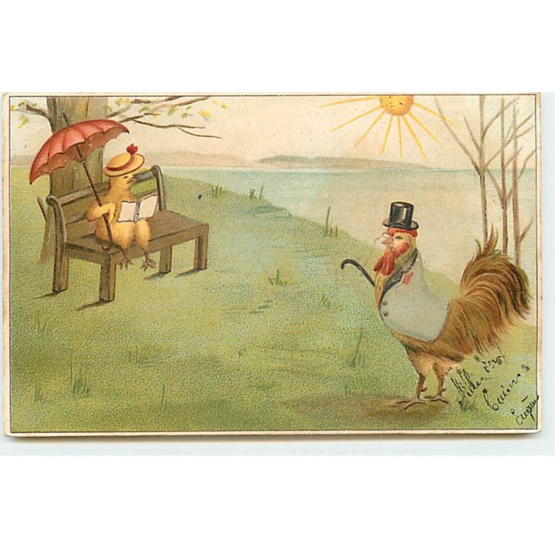 n°18671 - Un coq habillé, près d'un poussin lisant, assis sur un banc se protégeant avec un parapluie