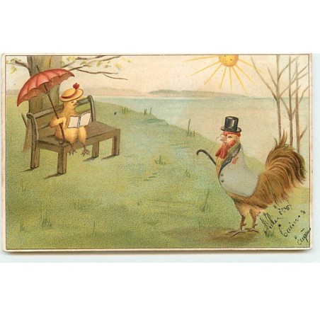 n°18671 - Un coq habillé, près d'un poussin lisant, assis sur un banc se protégeant avec un parapluie