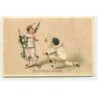 n°18676 - Carte Gaufrée - Heureuse Année - Pierrot tenant une flute ... Colombine, tenant une bouteille de champagne