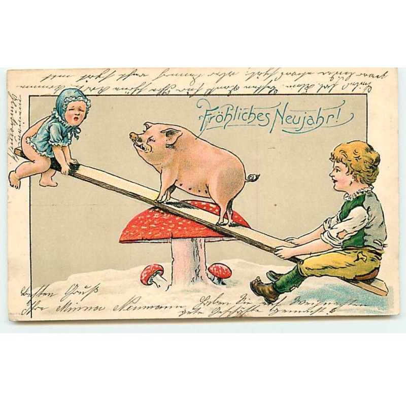 n°18678 - Carte Gaufrée - Fröhliche Neujahr - Enfants et un cochon jouant à la balancelle - Champignon