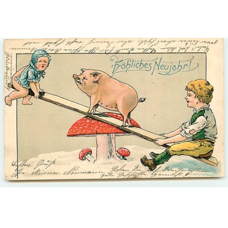 n°18678 - Carte Gaufrée - Fröhliche Neujahr - Enfants et un cochon jouant à la balancelle - Champignon