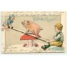 n°18678 - Carte Gaufrée - Fröhliche Neujahr - Enfants et un cochon jouant à la balancelle - Champignon