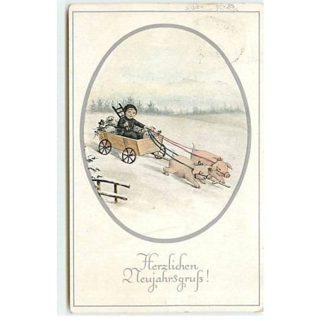 n°18681 - Herzlichen Neujahrsgruss - Petit ramoneur dans un chariot tiré par des cochons