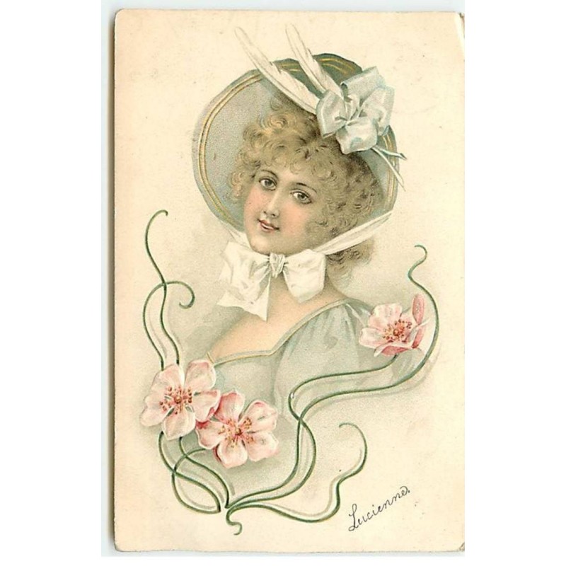 n°18687 - Carte Gaufrée - Portrait d'une jeune femme avec des fleurs