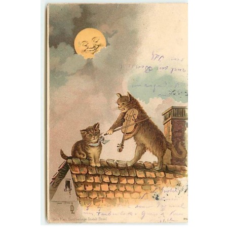 n°18690 - Chats sur un toit, l'un jouant du violon - Chat - Lune