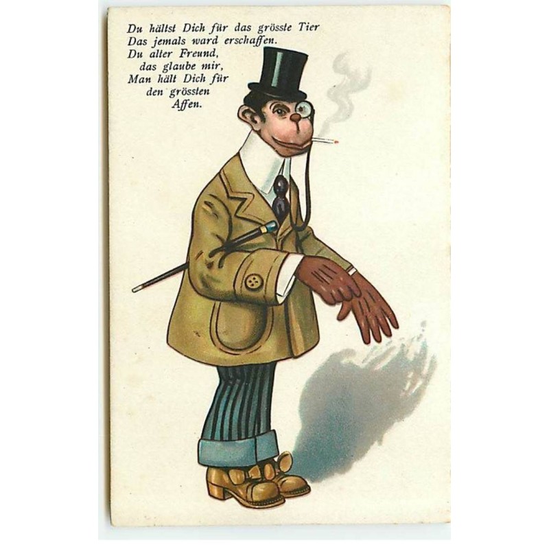 n°18695 - Un singe habillé, portant un monocle et fumant une cigarette, mettant des gants